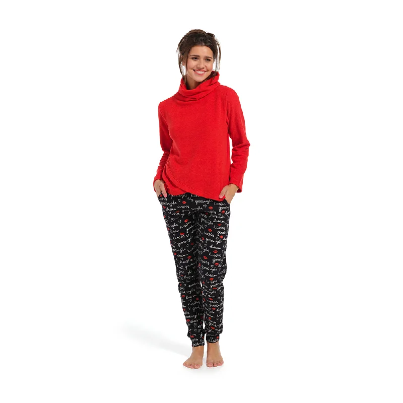 Rebelle Set Pyjama  long trousers with collar  Red Black Trousers Solid Black