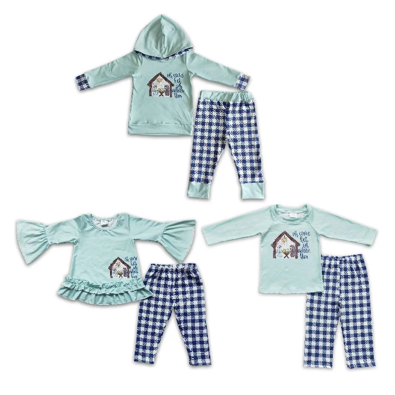 RTS NO MOQ 6 C11-18 6 A4-1 6 C10-27 Embroidered Wooden House Mint Green Long Sleeve Top & Blue Plaid Trousers Set Trousers Yoga Stretchy RTS NO MOQ 6 C11-18 6 A4-1 6 C10-27 Embroidered Wooden House Mint Green Long Sleeve Top & Blue Plaid Trousers Set Trousers Yoga Stretchy