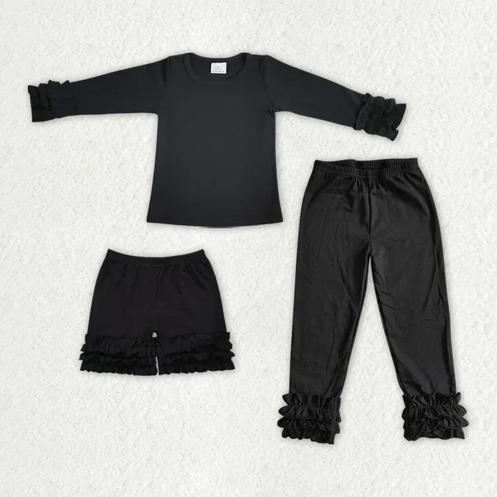 RTS NO MOQ Black solid color three-layer lace long-sleeved top & shorts & trousers Trousers Exclusive Limited RTS NO MOQ Black solid color three-layer lace long-sleeved top & shorts & trousers Trousers Exclusive Limited