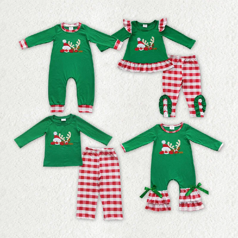 RTS NO MOQ GLP0507 Embroidered Santa Claus reindeer plaid lace green long-sleeved trousers suit Trousers sophisticated sleek RTS NO MOQ GLP0507 Embroidered Santa Claus reindeer plaid lace green long-sleeved trousers suit Trousers sophisticated sleek