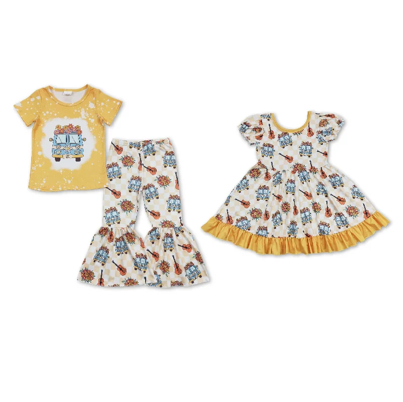 RTS NO MOQ GSD0816 GSPO1369 Yellow Short-Sleeved Flared Pants Set & Short-Sleeved Dress with Flower School Bus Pattern Trousers Bootcut Casual RTS NO MOQ GSD0816 GSPO1369 Yellow Short-Sleeved Flared Pants Set & Short-Sleeved Dress with Flower School Bus Pattern Trousers Bootcut Casual