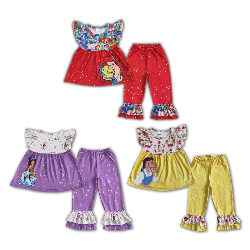 RTS NO MOQ GSPO0058 GSPO0057 GSPO0034 Cartoon Princess Pattern Fly Sleeve Top & Double Ruffle Hem Trousers Set Trousers Favorite Customer