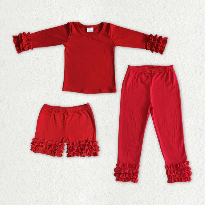 RTS NO MOQ Red solid three-layer lace long-sleeved top & shorts & trousers Trousers Brand Named RTS NO MOQ Red solid three-layer lace long-sleeved top & shorts & trousers Trousers Brand Named