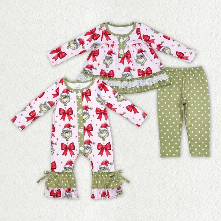 RTS NO MOQ Rose pink bow-Christmas character pink long-sleeved trousers suit & climbing clothes Trousers fashionable trendy