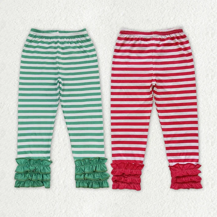 RTS NO MOQ Triple Lace Hem Stripe Trousers: Green & Red Trousers Sale Discount