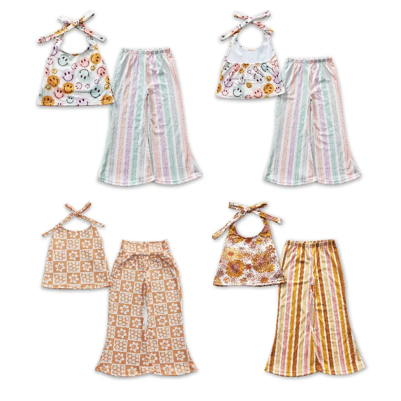RTS NO MOQGSPO0579 Girls orange floral halter neck colorful striped trouser suit Trousers New Arrival RTS NO MOQGSPO0579 Girls orange floral halter neck colorful striped trouser suit Trousers New Arrival