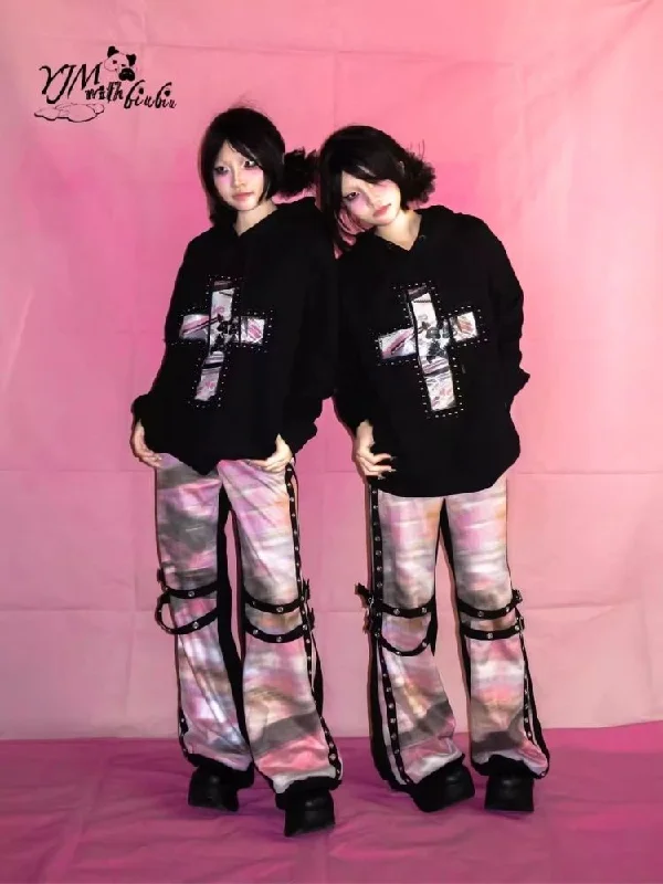 llustration Patchwork Casual Punk Trousers【s0000007722】 Trousers stylish modern