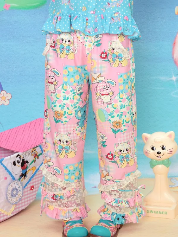 Animal Print Splicing Lace Elastic Waist Loose Wide Leg Trousers【s0000009070】 Trousers Harem Relaxed Fit