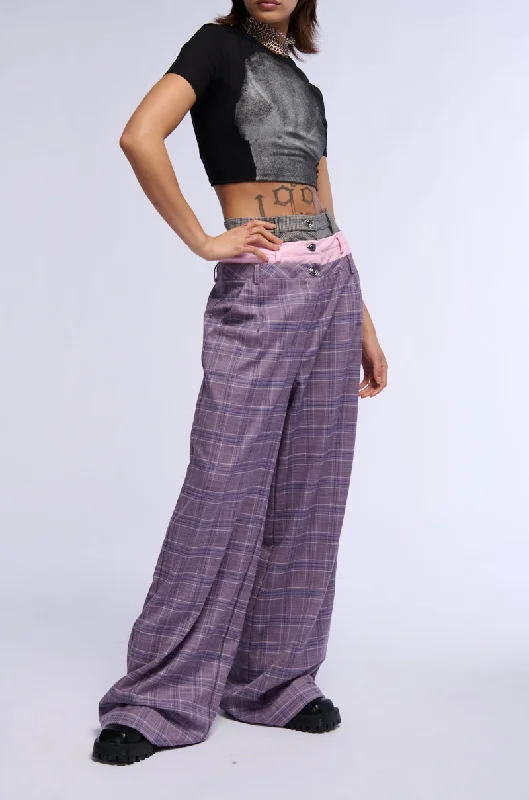 SPECIAL DAY PLAID AND PU WIDE LEG TROUSER Trousers Vintage Classic