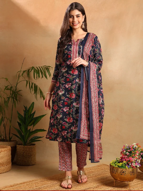 Women Navy Blue Rayon Blend Floral Printed Straight Kurta Trousers With Dupatta Trousers stylish modern Women Navy Blue Rayon Blend Floral Printed Straight Kurta Trousers With Dupatta Trousers stylish modern