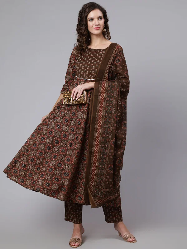 Women Brown Ethnic Motifs Yoke Design Pure Cotton Kurta With Trousers & With Dupatta Trousers Bestseller Popular Women Brown Ethnic Motifs Yoke Design Pure Cotton Kurta With Trousers & With Dupatta Trousers Bestseller Popular