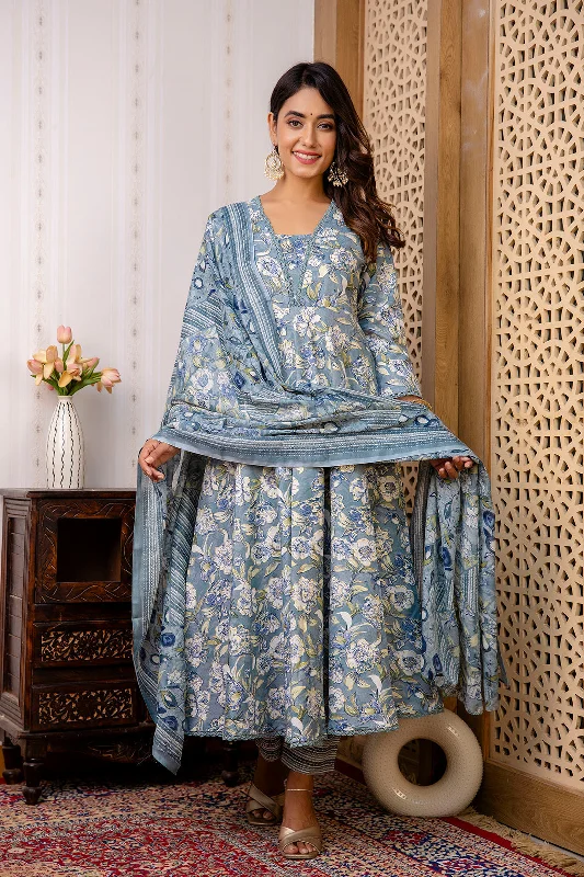 Women Grey Floral Printed Anarkali Kurta And Trouser With Dupatta Trousers Top Rated Women Grey Floral Printed Anarkali Kurta And Trouser With Dupatta Trousers Top Rated