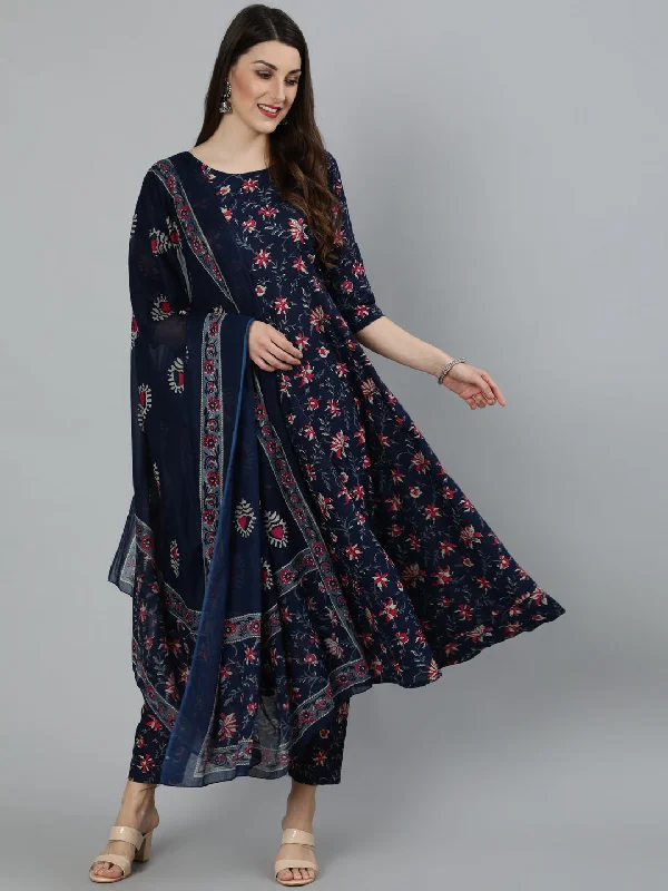 Women Navy Blue & Pink Floral Printed Flared Kurta And Trouser With Dupatta Trousers Cargo pockets