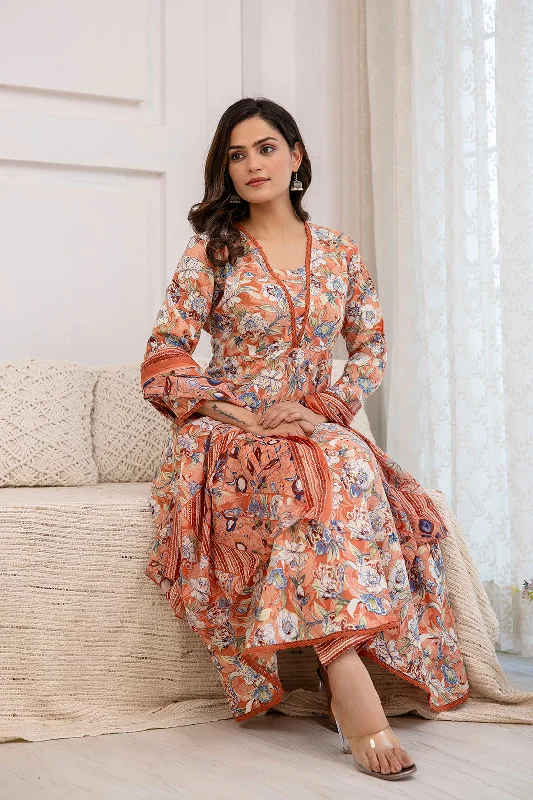 Women Peach Floral Printed Anarkali Kurta And Trouser With Dupatta Trousers Essential Wardrobe Women Peach Floral Printed Anarkali Kurta And Trouser With Dupatta Trousers Essential Wardrobe