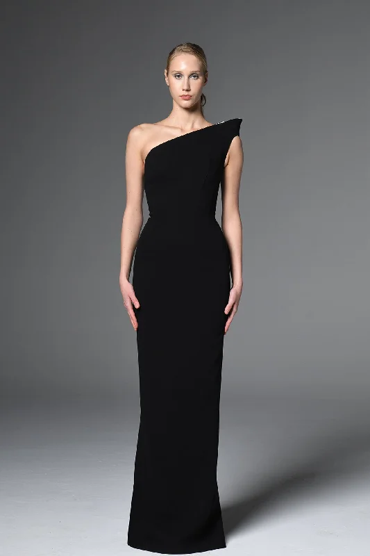 Asymmetric neckline crepe dress