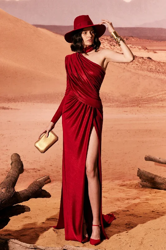 Asymmetrical neckline jersey dress
