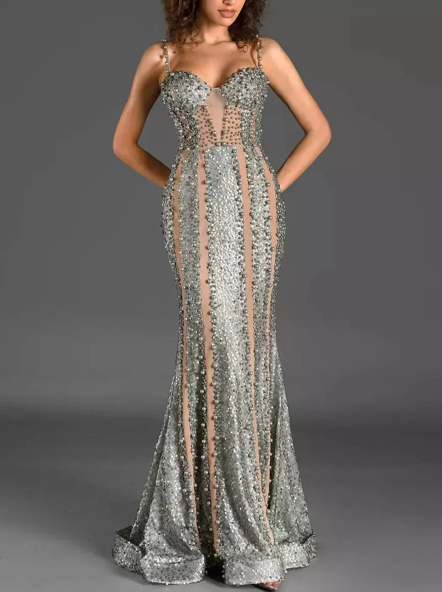 Bead and Sequin-Embellished Long Fitted Gown