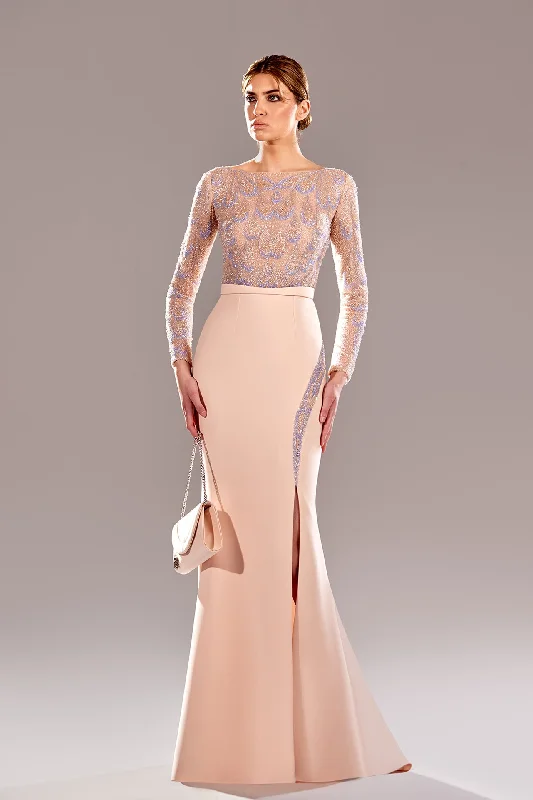 Beaded bodice crepe mermaid gown