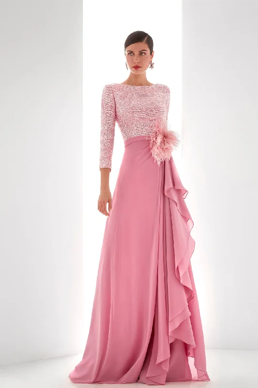 Beaded bodice georgette dress with feathers