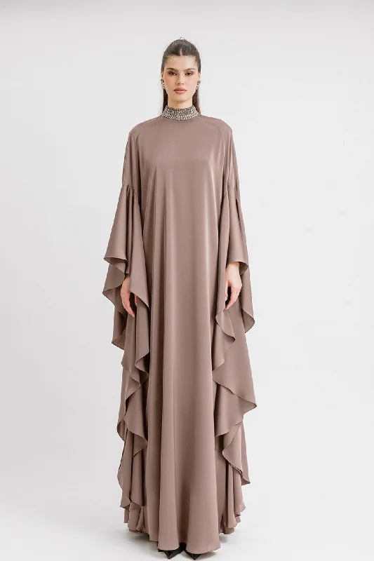 Beaded collar Kaftan style beige dress