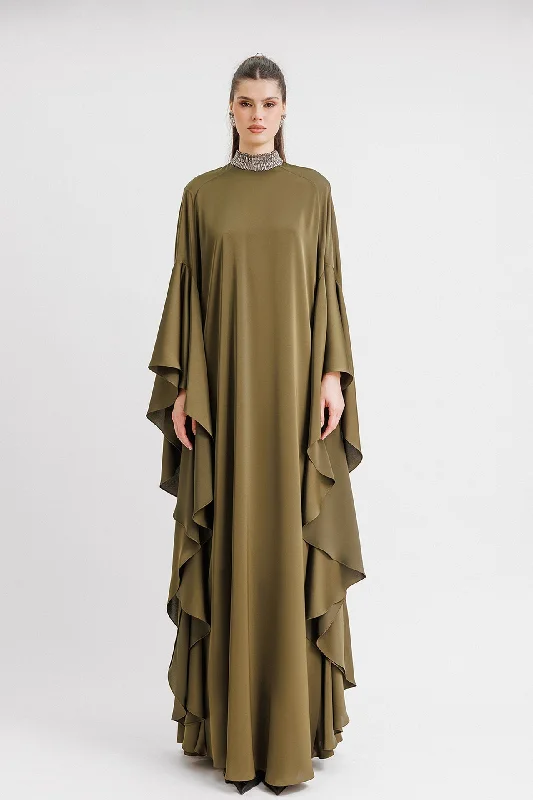 Beaded collar Kaftan style olive dress