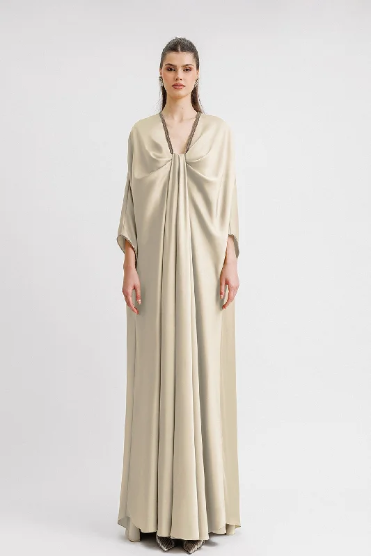 Beaded neckline kaftan style cream dress