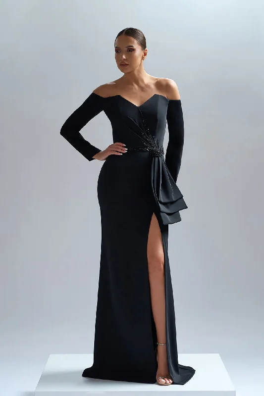 Black crepe gown with embroidery