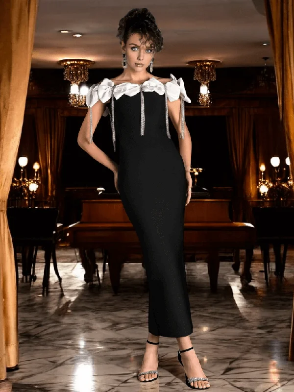 Bow Rhinestone Fringe Bandage Dress