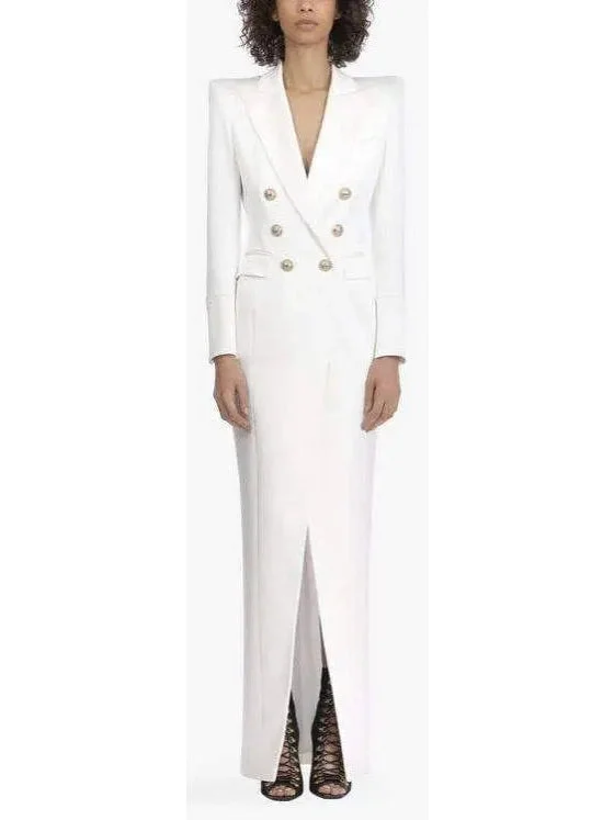 Button-Embellished Double-Breasted Dress, White