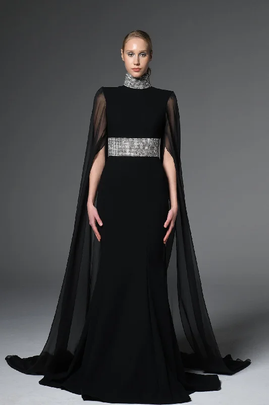 Chiffon sleeves crepe dress with crystals