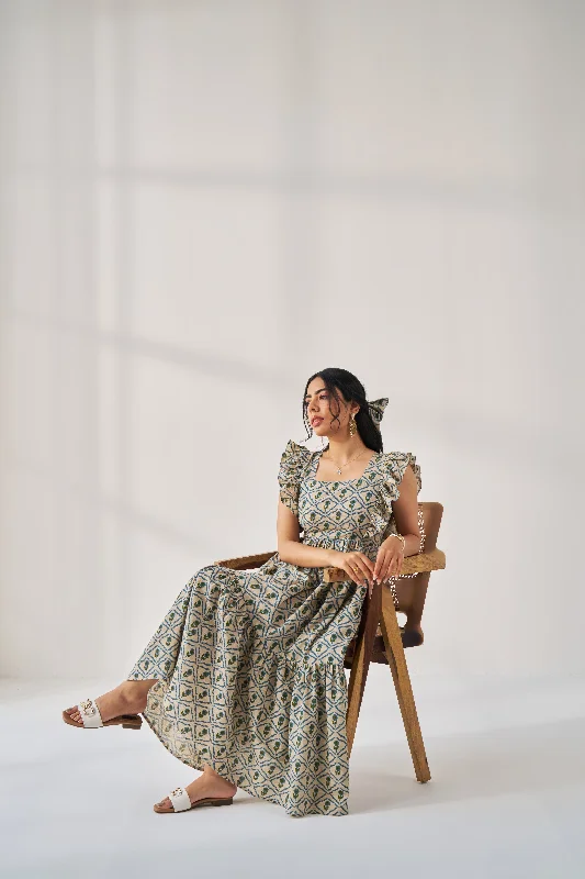 COTTON SEED-GEOMETRICAL PRINT NATURAL BEIGE FRILL DRESS