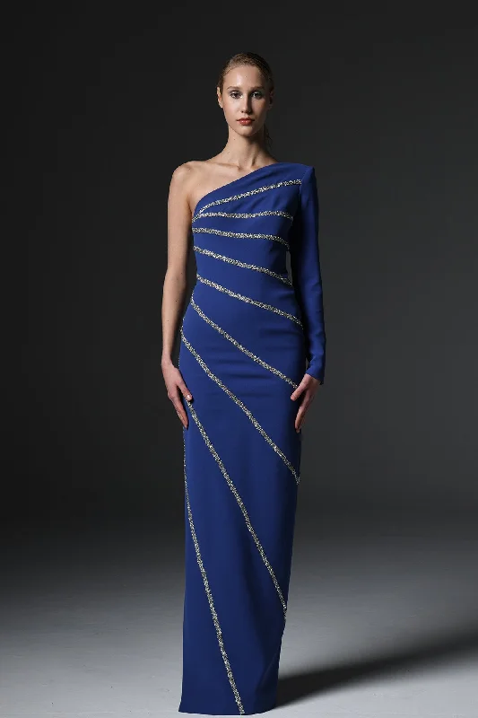 Crepe asymmetric dress with crystals