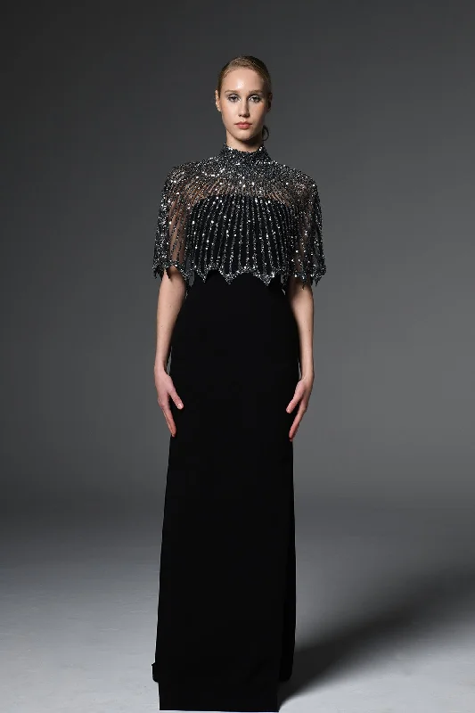 Crepe dress featuring embroidered bolero