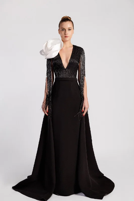 Crepe dress with flower and fringes