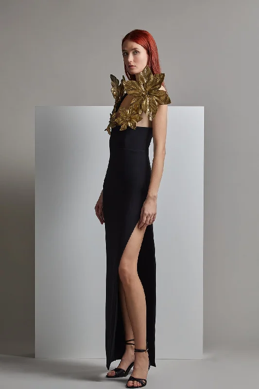 Crepe dress with liquid fabric 3d flowers