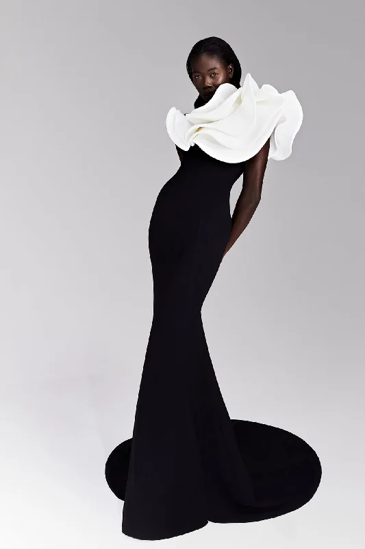 Crepe sleek dress with scuba ruffles