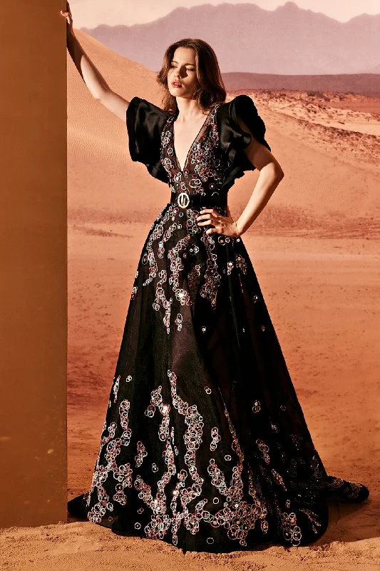 Deep V neckline embroidered gown
