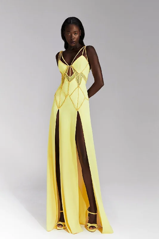 Double slit crepe dress with embroidery