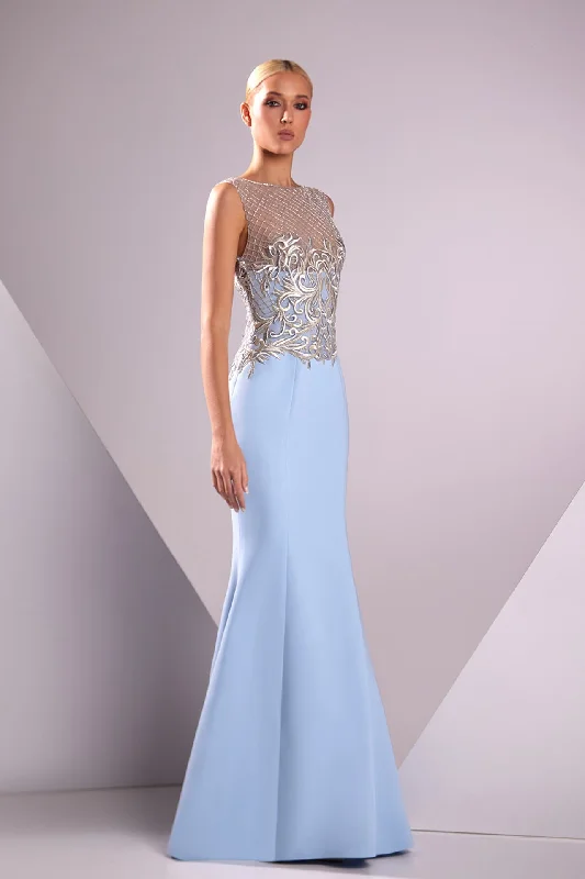 Embroidered bodice crepe dress