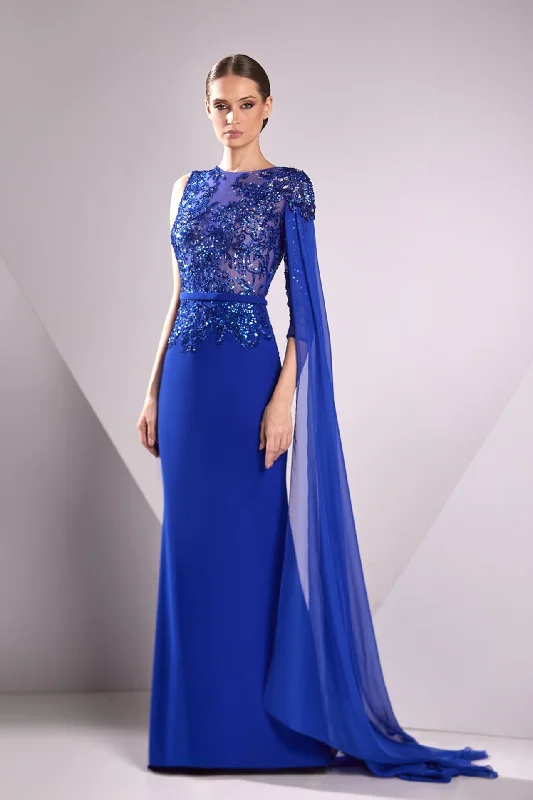 Embroidered bodice crepe gown with chiffon draping