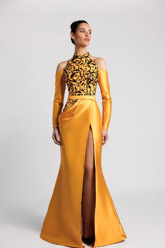 Embroidered bodice high slit cadi dress