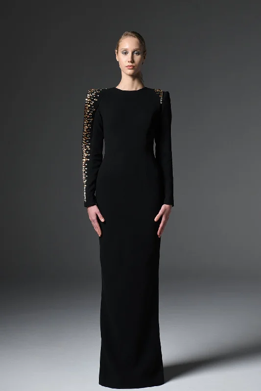Embroidered collar crepe dress