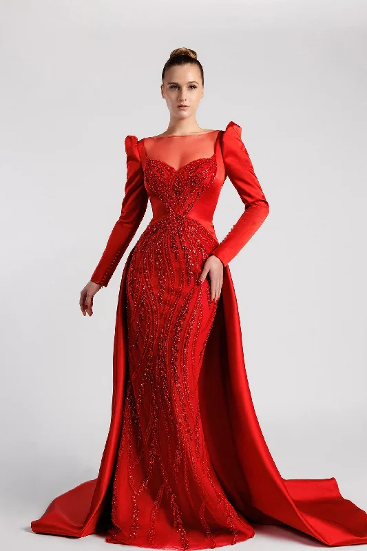 Embroidered satin dress with overskirt