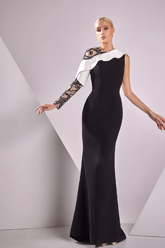 Embroidered sleeve crepe dress