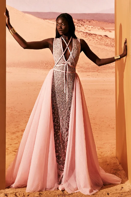 Embroidered tulle dress with overskirt