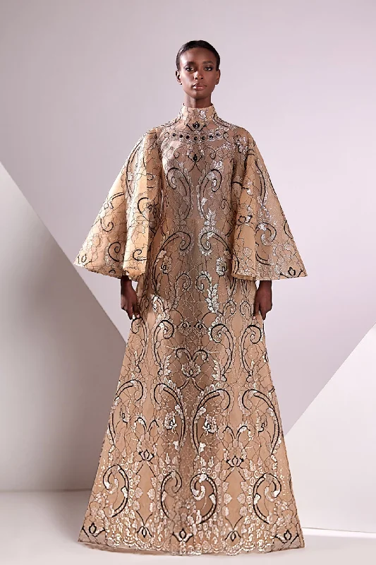 Exaggerated sleeves fulle embroidered gown
