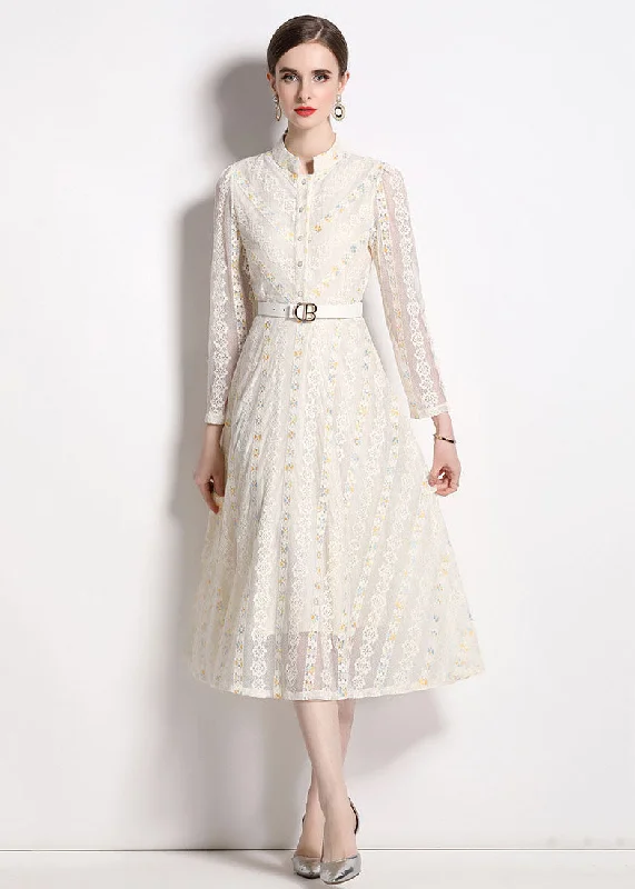French Beige Stand Collar Embroideried Patchwork Lace Dresses Fall
