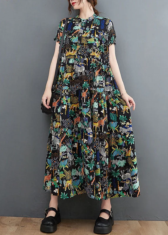 French Black Oversized Print Exra Large Hem Cotton Dress Summer