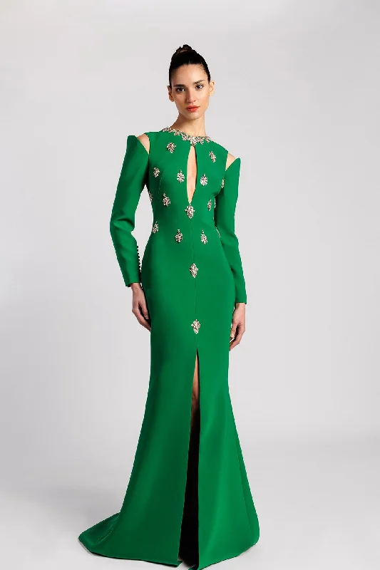 Front slit crepe dress with crystals embroidery