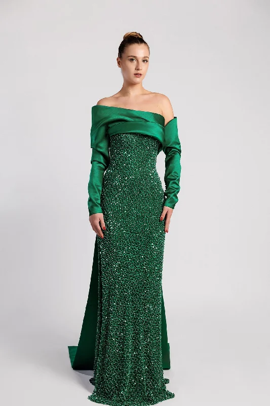 Fully beaded satin dress featuring watteau train